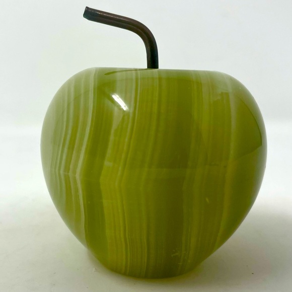 Carved stone alabaster green apple with metal stem. - Picture 3 of 9
